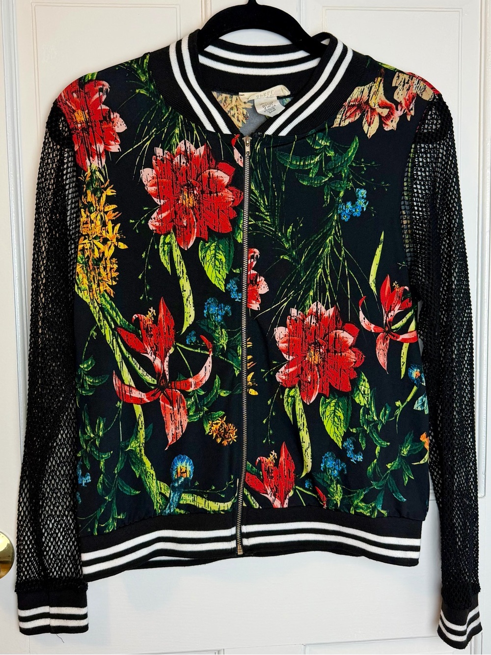 Love Spell Retro Satin Floral Zip Up Bomber Varsity Jacket With Mesh Sleeves, S
